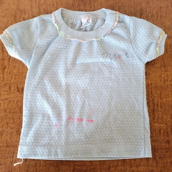 Vintage pique pastel knit ruffle collar sky blue short sleeve embroidered shirt - Picture 1 of 5